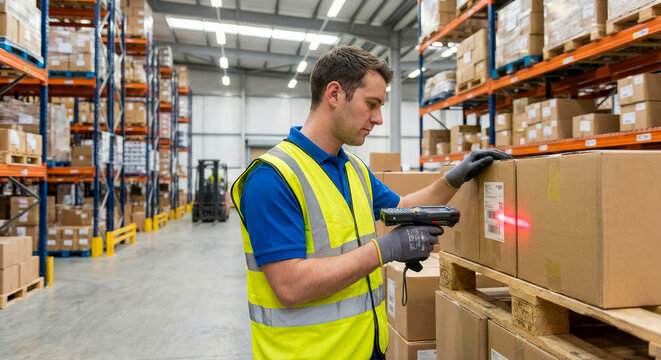 Professional male worker in uniform using digital barcode scanner on cardboard box. Logistics, shipping and inventory management concept in modern distribution warehouse with shelves