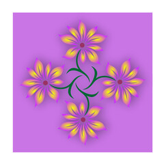 Obraz premium Golden petals glow within amethyst blooms, spiraling around emerald stems in balanced symmetry, radiating soft warmth and tranquil motion.