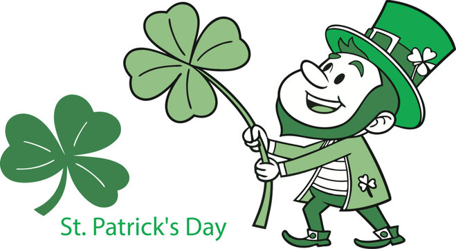 Smiling leprechaun holding a large four-leaf clover, with "st. patrick's day" text and an additional shamrock, on a transparent background, depicting irish folklore