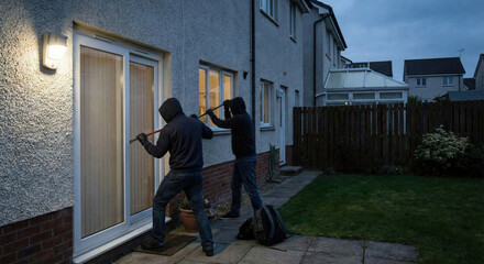 Fototapeta premium Night view of two criminals wearing hoodies using crowbars to pry open a ground floor window of a residential house with a security light on