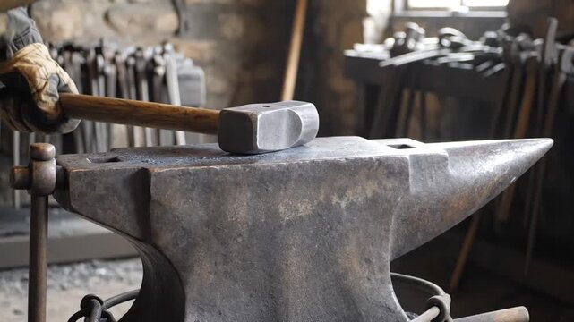 A close-up shot of a blacksmith anvil with a hammer in mid-swing. Workshop setting