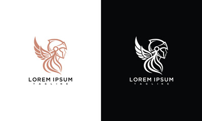 Obraz premium Winged Warrior Head Logo Design - Modern Valkyrie Cyber Goddess Icon Vector.