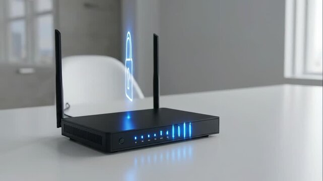Wireless router with glowing lock symbol, illustrating secure internet connection, showcasing technology advancement in communication, emphasizing data protection and connectivity
