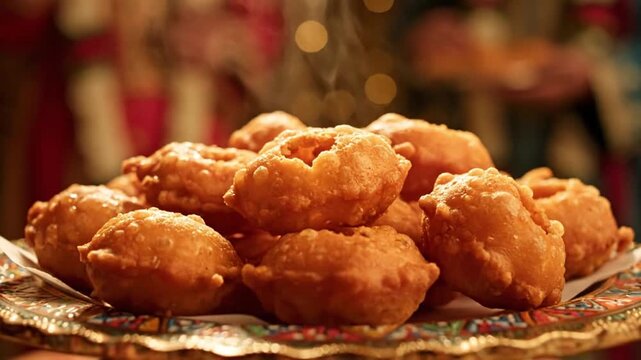 Eid al Fitr celebration with traditional Eid food, festive treats, and family gathering featuring sweet halal fried doughnuts on a decorative plate