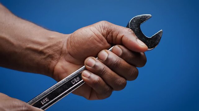 A close-up shot of a dark-skinned hand gripping a metal wrench with a blue background
