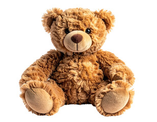 Fototapeta premium Classic Brown Teddy Bear Sitting Front View with Soft Plush Texture, Isolated on White Background
