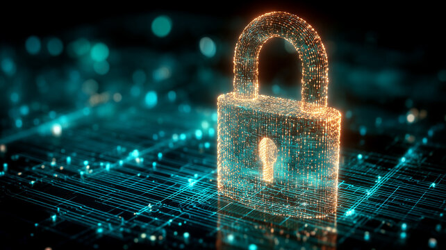 Glowing padlock on a digital circuit surface symbolizing data encryption, secure networks and protection against cyber threats.
