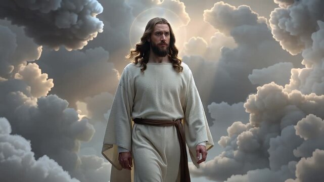 Journey of Jesus Christ through clouds and light in a religious setting with focus on faith and belief