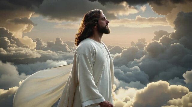 Jesus Christ walks among the clouds during a moment of reflection in a heavenly setting