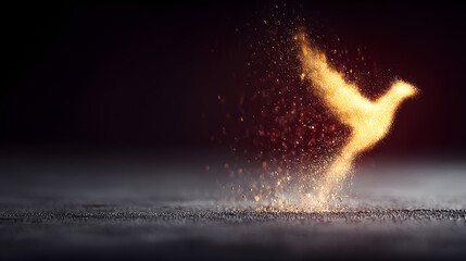 Fototapeta premium Golden phoenix rising from glowing particles in dark space evoking rebirth and hope