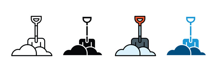 Construction shovel and sand pile icon vector. Digging tool for gardening, building work, and labor service symbol set. Vector illustration. © Jakiya Graphics