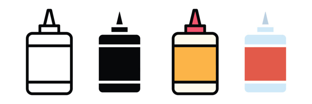 Liquid super glue tube and adhesive bottle icon vector. Strong bond cyanoacrylate for DIY repair, craft, and industrial fixing symbol set. Vector illustration.