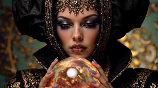 A mysterious seer with a piercing gaze reads fate from a magic crystal