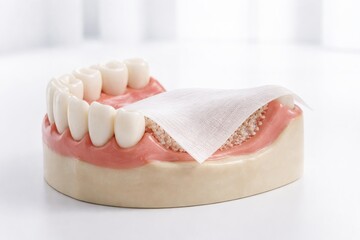 Model of Dental Procedure Showing Sutured Gingiva Over Dental Implant in Dental Office