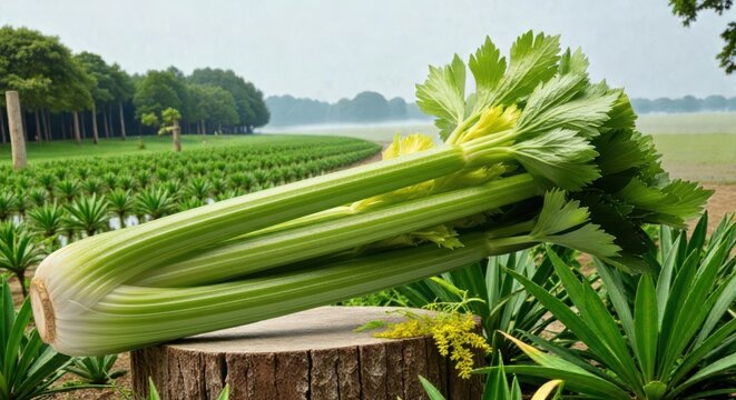 Fresh green celery stalk on wooden stump in garden field with plants and trees