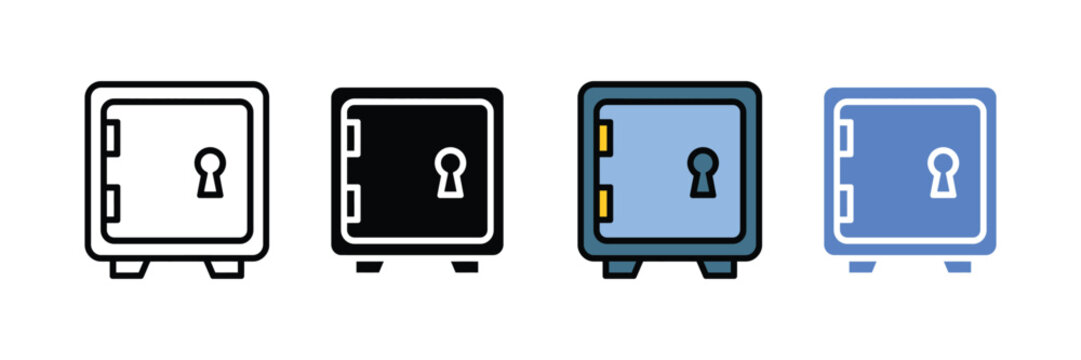 Metal safe box and strongbox icon vector. Secure deposit vault for money, gold, and valuable asset protection symbol set. Vector illustration