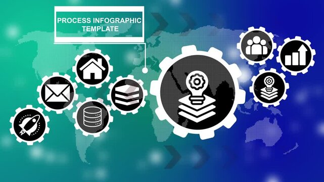 Process Infographic Template with Business Icons and World Map.  Industrial management in efficiency and efficient process. Lean cost and productivity growth. 