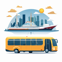 City transit and cruise ship illustration with urban skyline backdrop