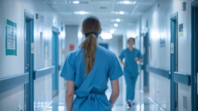 A healthcare professional, dressed in blue medical scrubs, walks down a well-lit hospital corridor with a thoughtful expression, prioritizing patient care