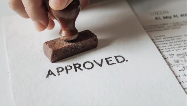 Hand presses wooden stamp onto document marked "APPROVED," symbolizing authorization on white paper