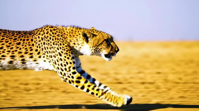 Fast cheetah accelerating across the flat savanna plains of the Mara, body fully extending and contracting in a blur of intense speed during tracking shot.