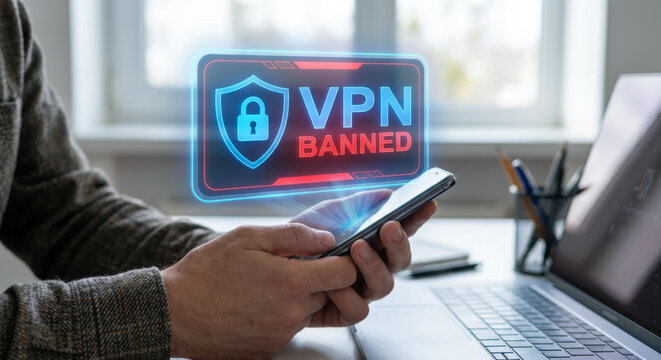 Man hands hold smartphone with glowing holographic VPN banned warning icon at office desk