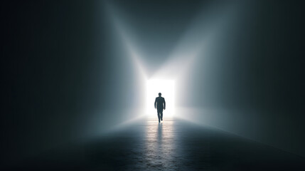 Obraz premium Man walking toward bright light in dark corridor hopeful silhouette emotional journey