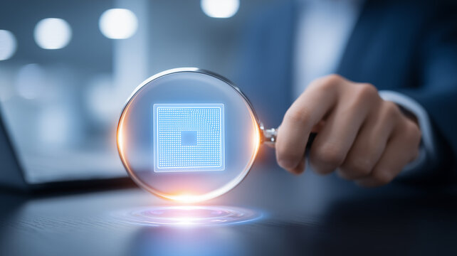 Magnifying glass inspecting a microchip symbol representing semiconductor quality control, technology audit and hardware analysis.
