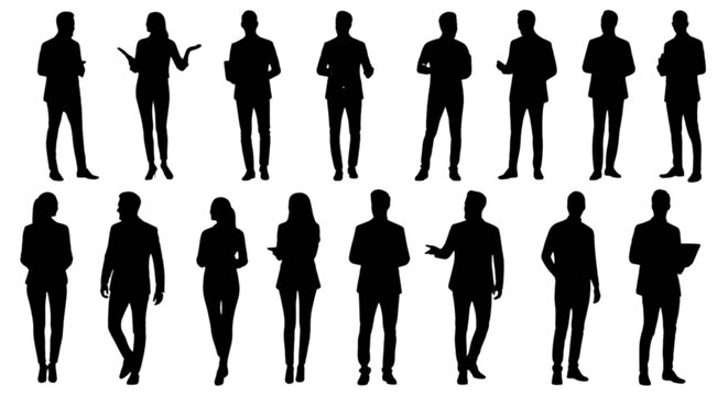 Collection of black silhouettes of men and women in various standing poses isolated on transparent background, Vector