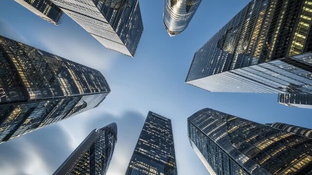 Modern Skyscrapers Low Angle City Timelapse. AI Generated