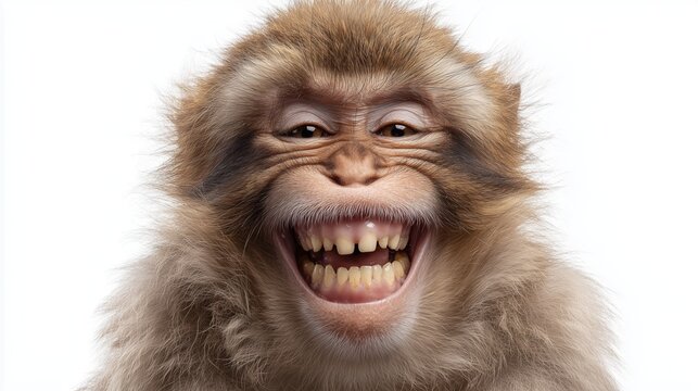 Portrait of a monkey laughing with wide open mouth revealing teeth on plain white background for viral funny meme