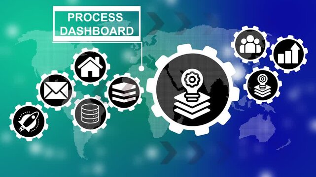 Process dashboard slide with icons and world map . Industrial management in efficiency and efficient process. Lean cost and productivity growth. 