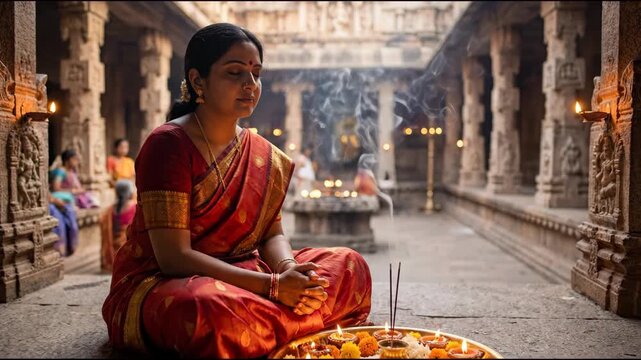 Indian woman in traditional red saree performs prayer ritual with incense and oil lamps in a temple, surrounded by intricate stone carvings and soft lighting