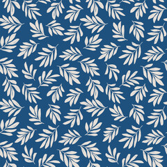 Floral organic shape with seamless background. Simple abstract hand made floral pattern. Modern printing in blue and white. Ideal for textile design, wallpaper, cards, posters and decoration.