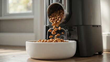 Automatic pet feeder mid-dispense: kibble cascading from stainless steel chute into a clean ceramic bowl,