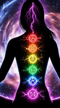 Meditation practice in vertical format. Tranquil woman embodies energy flow through chakras. Cosmic background enhances spiritual atmosphere. Inner peace radiates with vibrant colors.