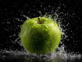 green apple with water splash isolated on a black background