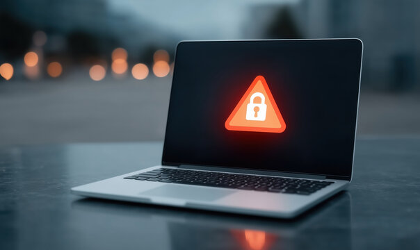 Modern laptop displaying security warning symbol on dark screen representing data protection risk in cyber threat scenario