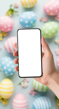 A hand holding a phone with easter eggs in the background
