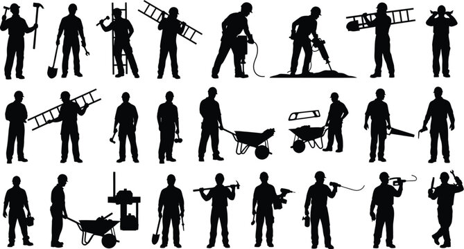 Construction workers hold various tools as.