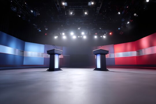 Empty TV studio set for political debate with red and blue background. Modern stage with two podiums and spotlights. Election broadcast concept
