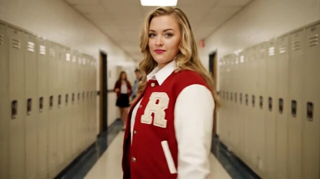 Confident Female Student in Varsity Jacket Walking Down High School Hallway.