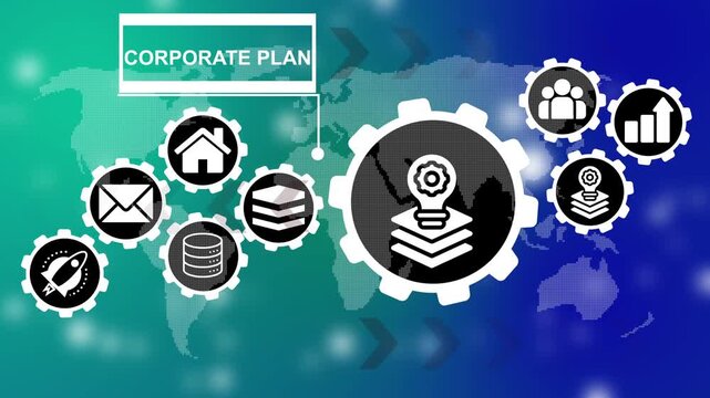 Corporate Plan Concept With Icons And World Map Background.  Industrial management in efficiency and efficient process. Lean cost and productivity growth. 