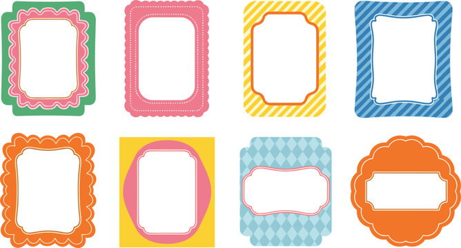 Vector illustration set of eight colorful vintage frames and decorative labels for scrapbooking, tags, and invitation designs।