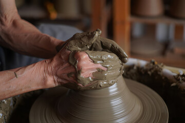 Close-up artisan weathered, mud-covered hands skillfully molding wet clay on a spinning pottery wheel. Slippery texture of the mud emphasizing the raw, tactile connection of the craft