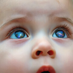 Close-up of a baby face looking upward in wonder. The curious eyes reflect swirling, vibrant galaxies and nebulae. Innocence of childhood merged with the vast mysteries of the cosmos