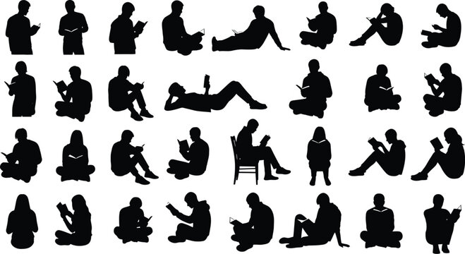 Figures read books and electronic devices.