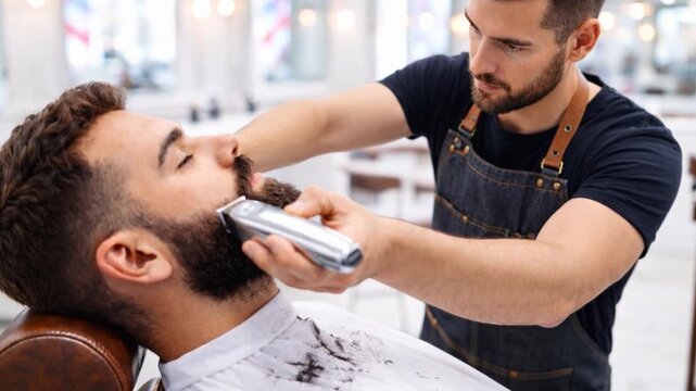 Professional male barber in apron trimming beard of client in modern barbershop. 
