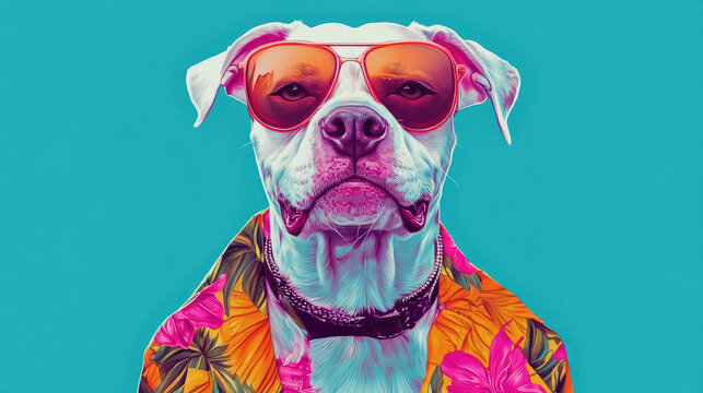 A cool dog sporting sunglasses and a Hawaiian shirt with a blue background. The dog gives off a cool and relaxed vibe AI Generative