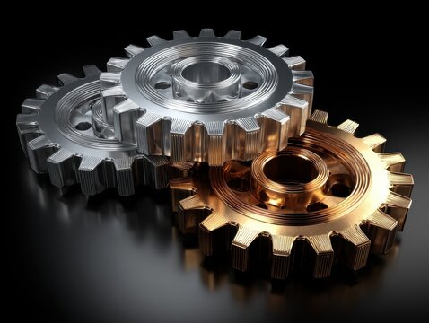 three metallic gears one silver and two bronze perfectly interlocked against a neutral backdrop with soft shadows isolated on a black background no text no watermark no logo no brands no illustration